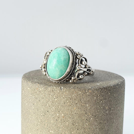 Old Vintage Solid Silver Chinese Jade Ring Genuine Jade Chinese Filigree China Green Womens Ladies Jewelry Jewellery UK L US 5.75