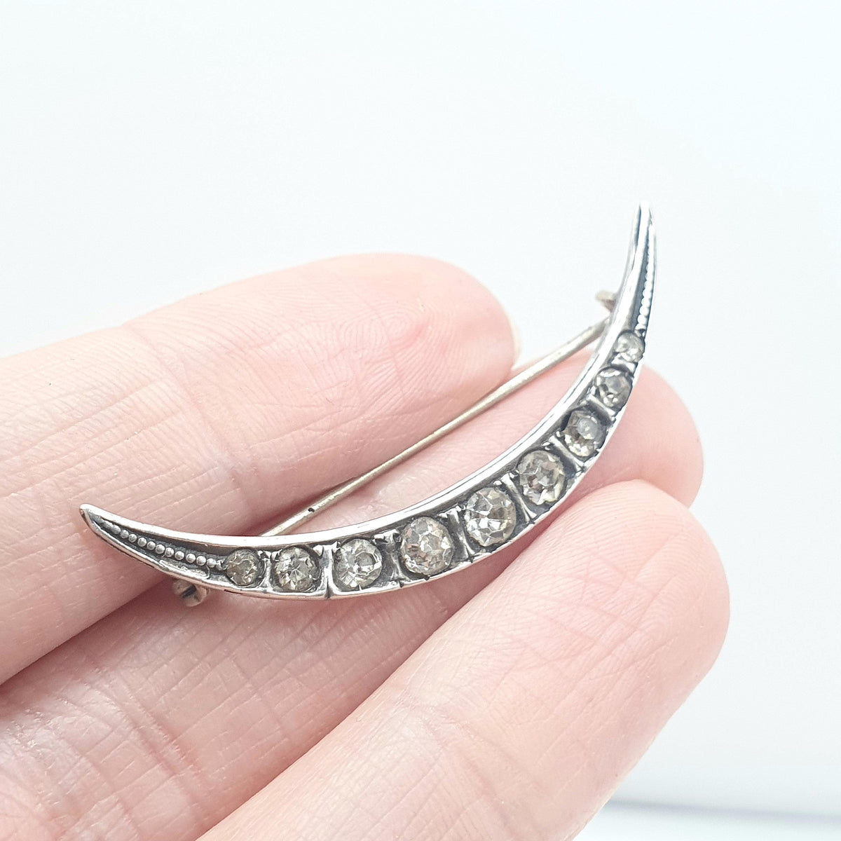 Antique Solid Silver Crescent Moon Diamond Paste Brooch Victorian Sparkly Vintage Celestial Womens Jewelry Jewellery 1800s Genuine
