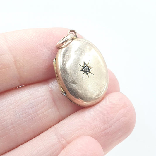Antique Victorian Rolled Gold Diamond Locket Genuine Natural Gemstone Yellow Gold Filled Oval Vintage Jewellery Jewelry