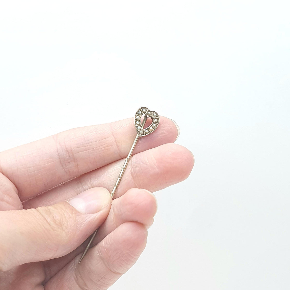 Antique 9ct Gold Heart Stick Pin Seed Pearl Victorian Solid 9k 9kt Head and Base Metal Pin Love Romantic Lapel Jacket Mens Gents Jewellery