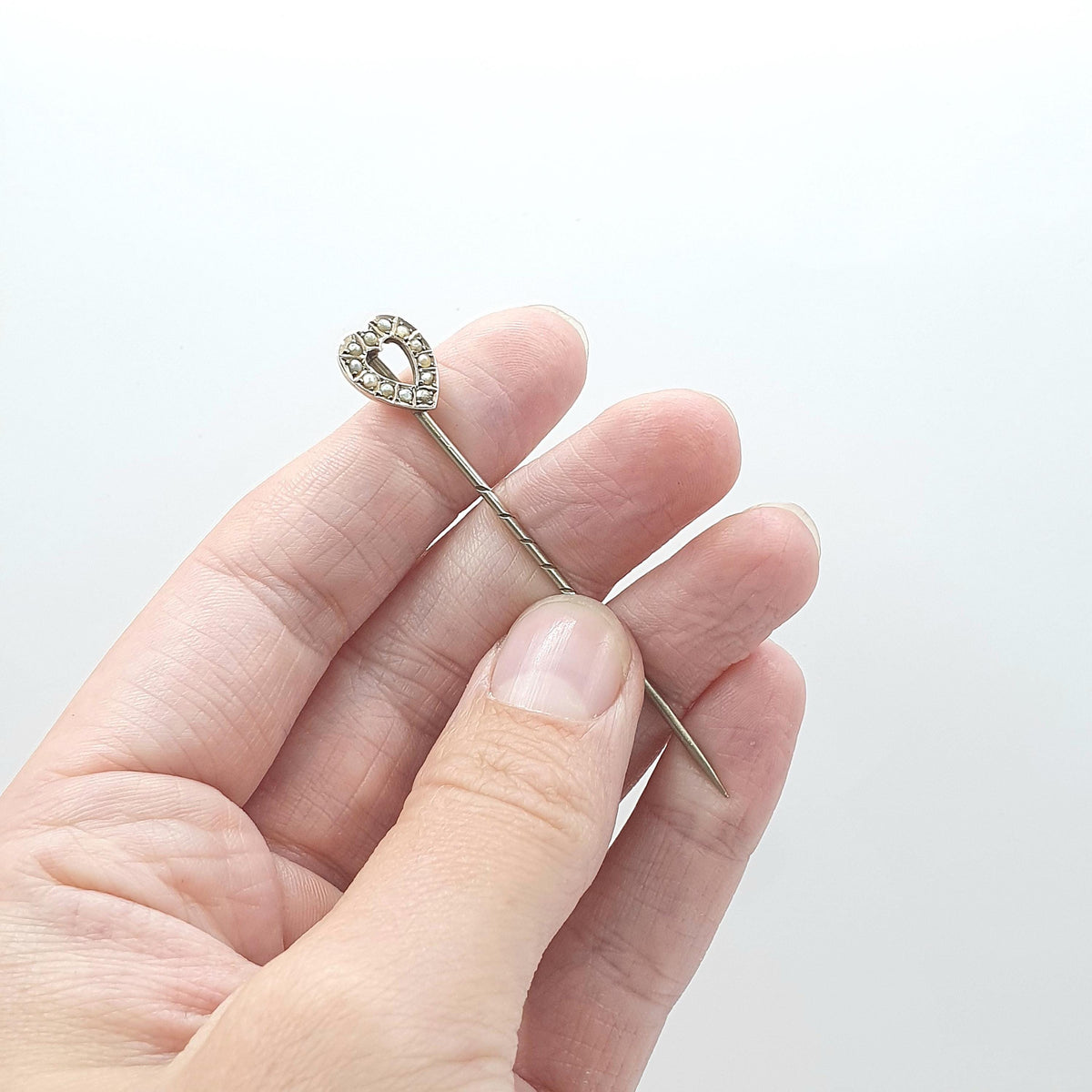 Antique 9ct Gold Heart Stick Pin Seed Pearl Victorian Solid 9k 9kt Head and Base Metal Pin Love Romantic Lapel Jacket Mens Gents Jewellery