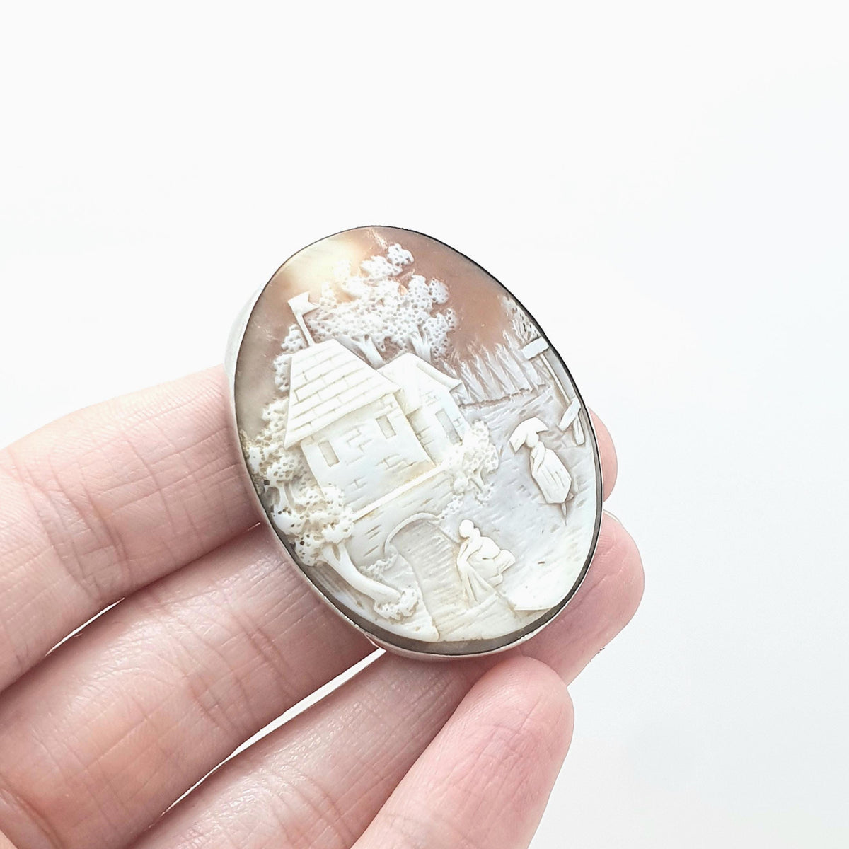 Antique Victorian Solid Silver Lady and River Cameo Brooch Scenic Building Mill Hand Carved Shell Vintage Womens Jewellery Jewelry