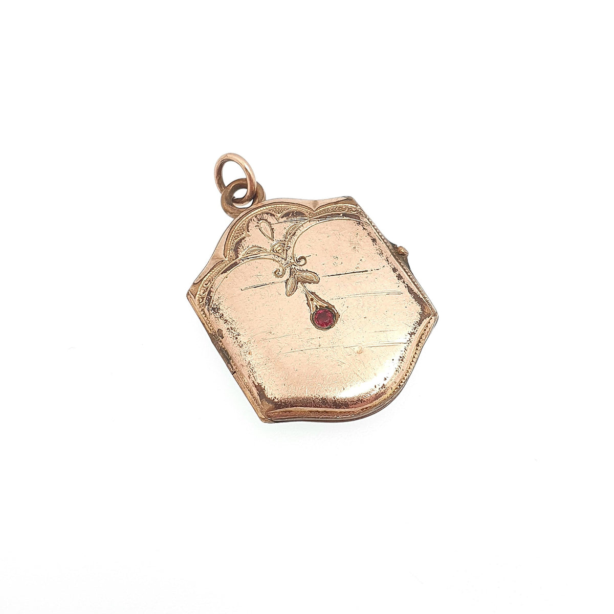 Antique Rolled Gold Locket Ruby Paste Necklace Pendant Rose Gold Filled Edwardian Rectangular Style Vintage Jewellery Jewelry