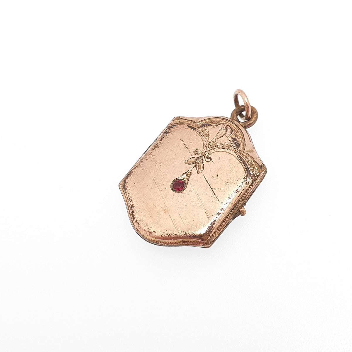 Antique Rolled Gold Locket Ruby Paste Necklace Pendant Rose Gold Filled Edwardian Rectangular Style Vintage Jewellery Jewelry