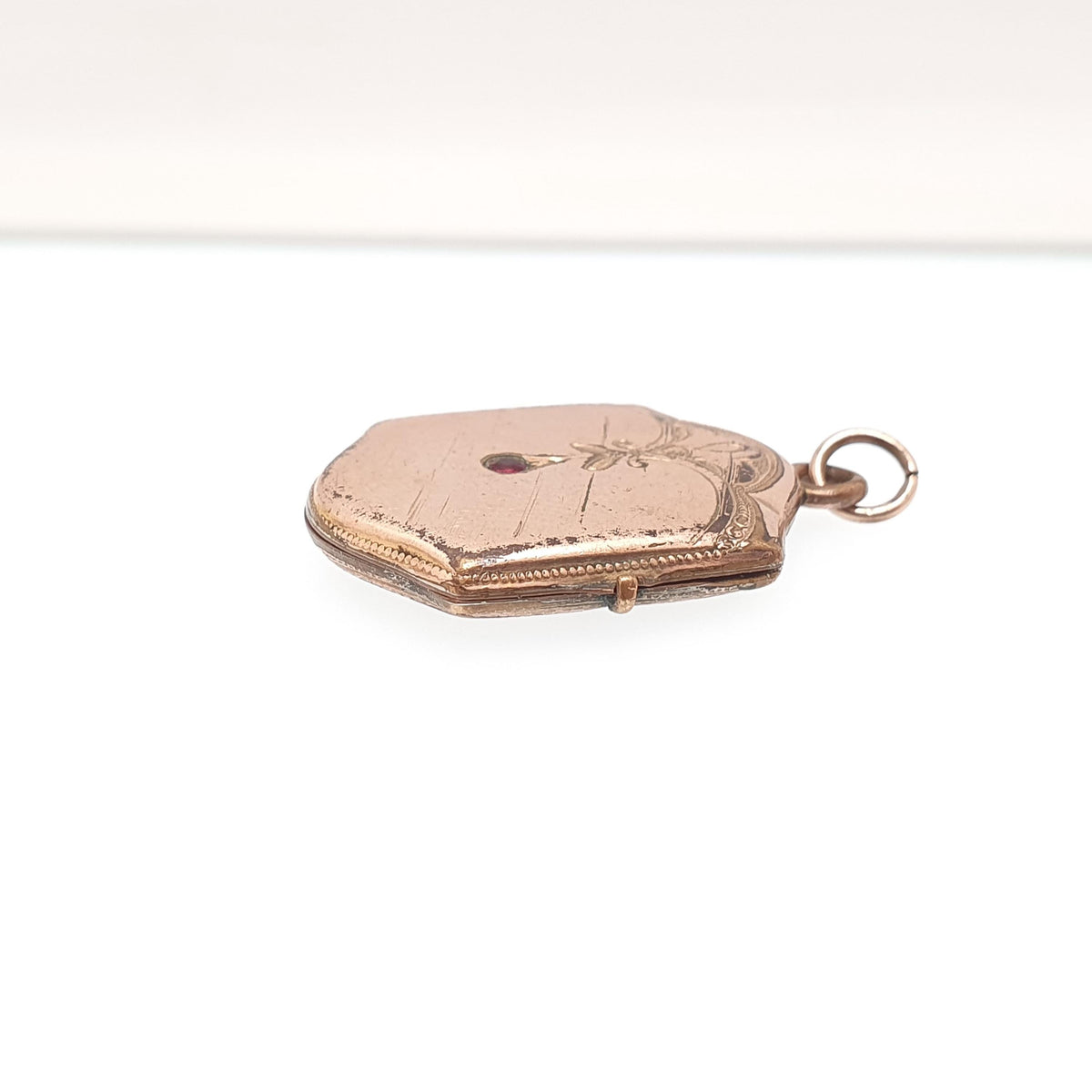 Antique Rolled Gold Locket Ruby Paste Necklace Pendant Rose Gold Filled Edwardian Rectangular Style Vintage Jewellery Jewelry