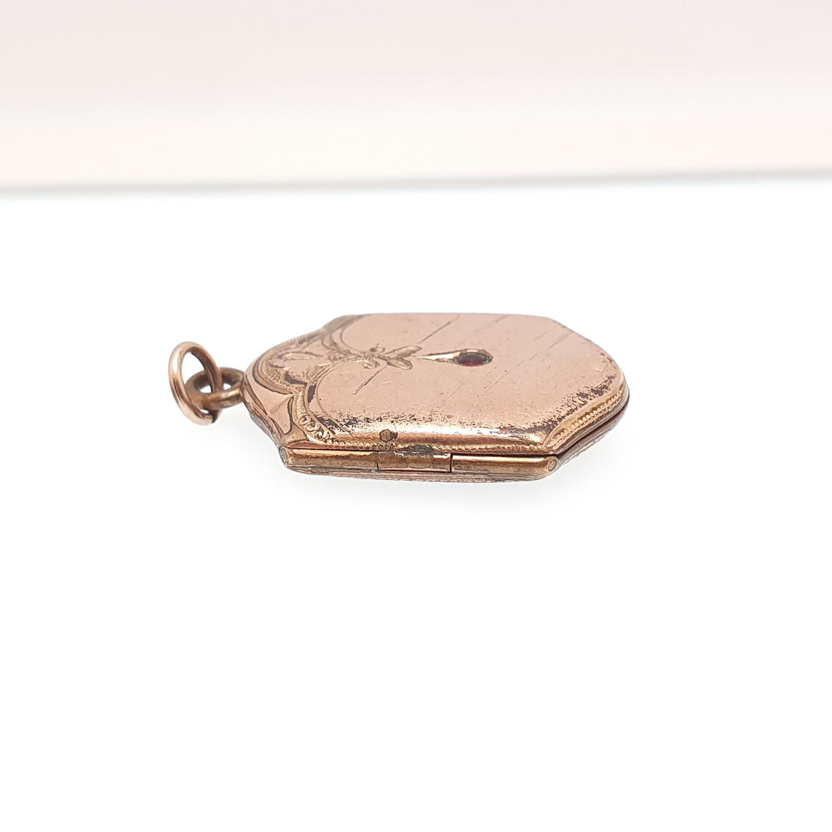Antique Rolled Gold Locket Ruby Paste Necklace Pendant Rose Gold Filled Edwardian Rectangular Style Vintage Jewellery Jewelry