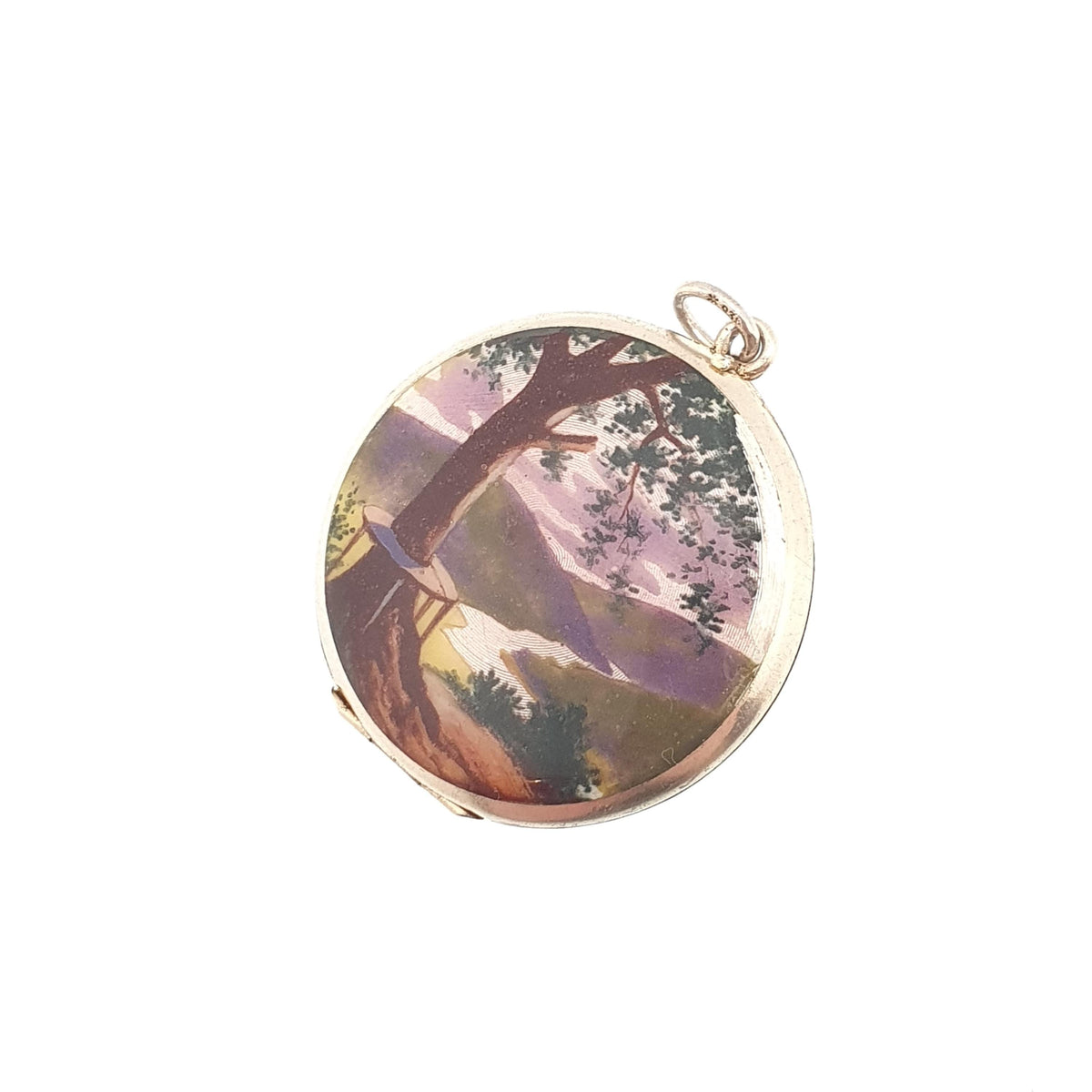 Antique Enamel Solid Silver Locket Hand Painted Lake Tree Scenic Guilloche Pendant Necklace Photo Picture Genuine Vintage Jewelry Jewelry