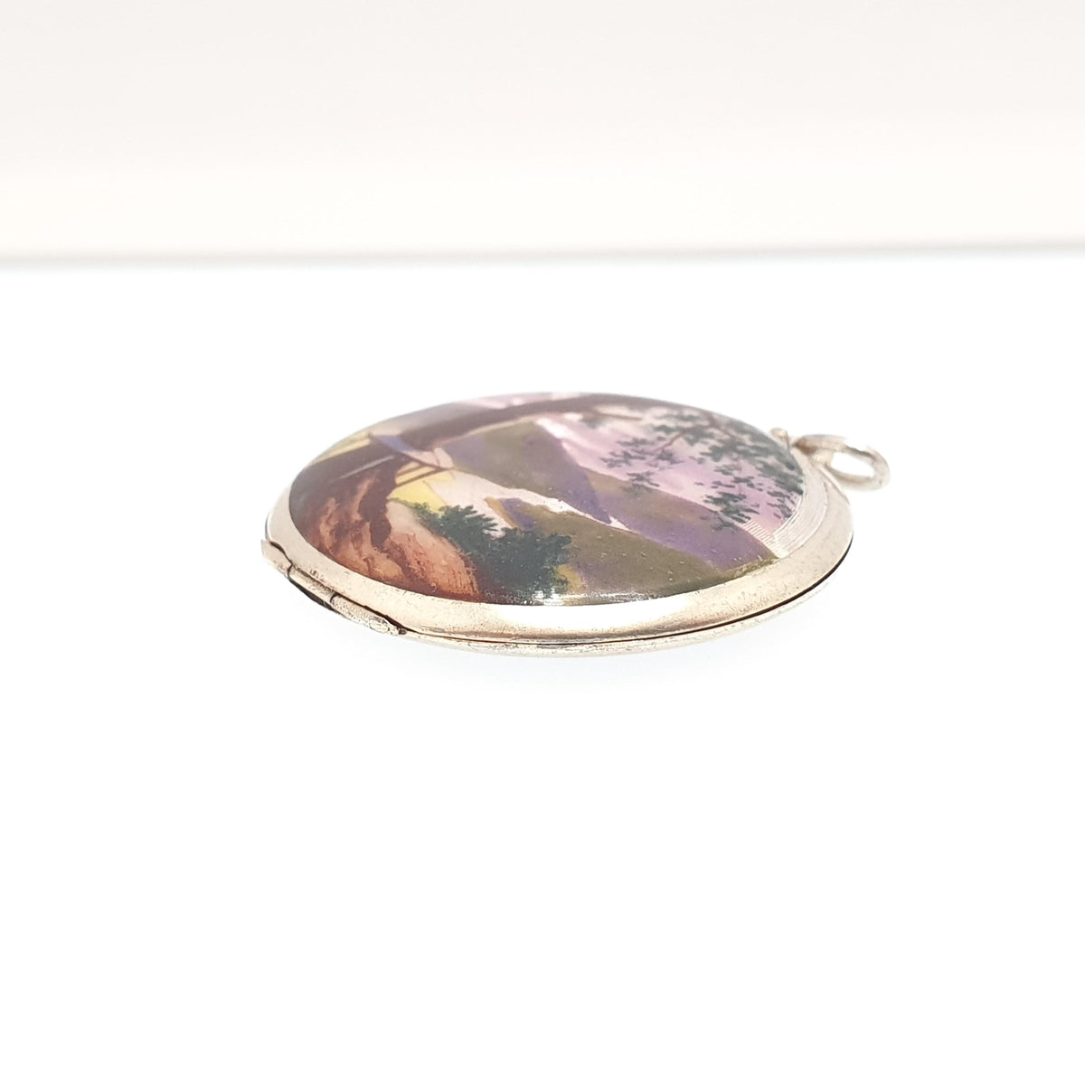 Antique Enamel Solid Silver Locket Hand Painted Lake Tree Scenic Guilloche Pendant Necklace Photo Picture Genuine Vintage Jewelry Jewelry