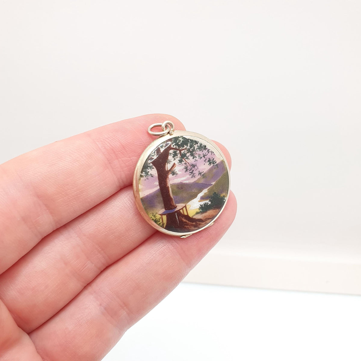 Antique Enamel Solid Silver Locket Hand Painted Lake Tree Scenic Guilloche Pendant Necklace Photo Picture Genuine Vintage Jewelry Jewelry