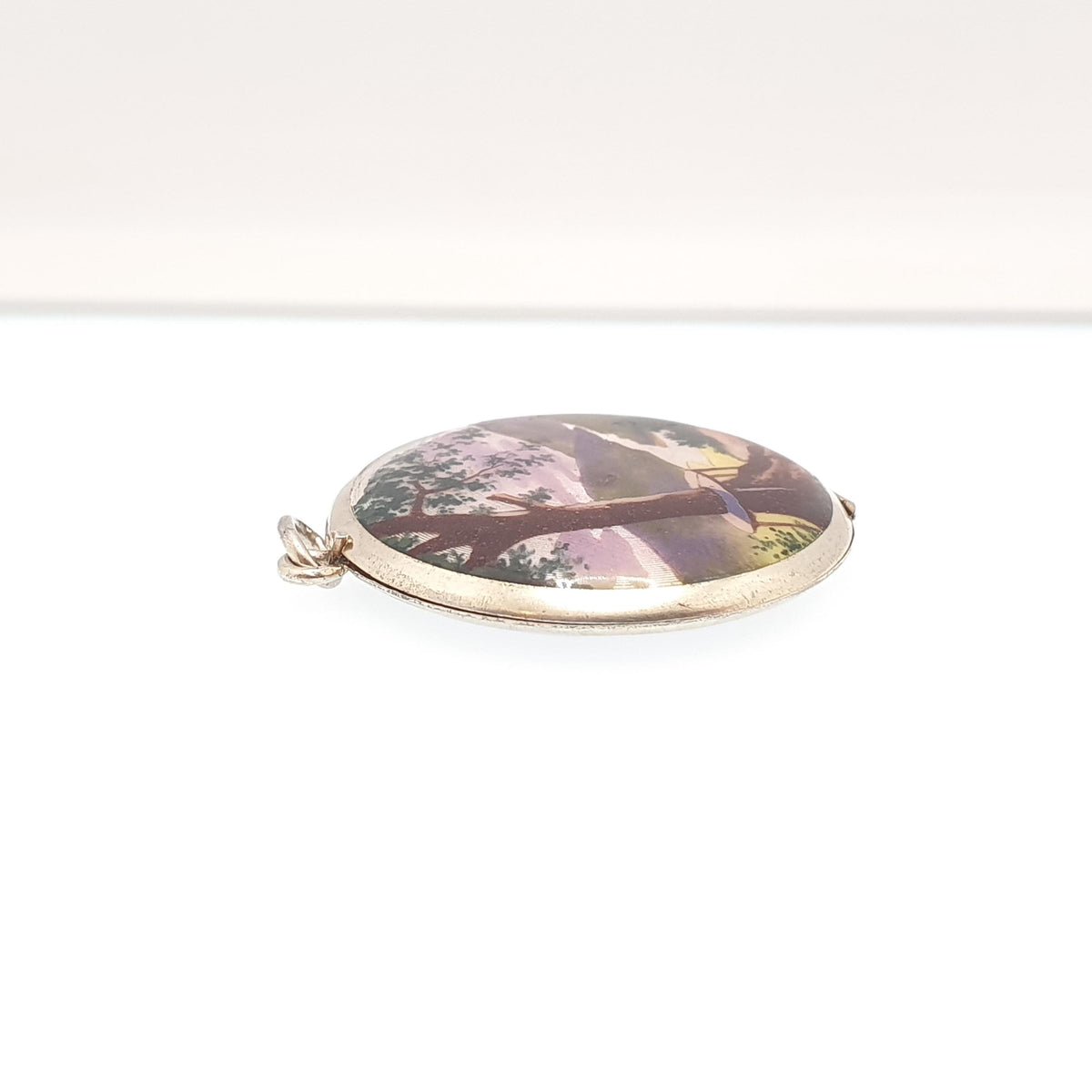Antique Enamel Solid Silver Locket Hand Painted Lake Tree Scenic Guilloche Pendant Necklace Photo Picture Genuine Vintage Jewelry Jewelry