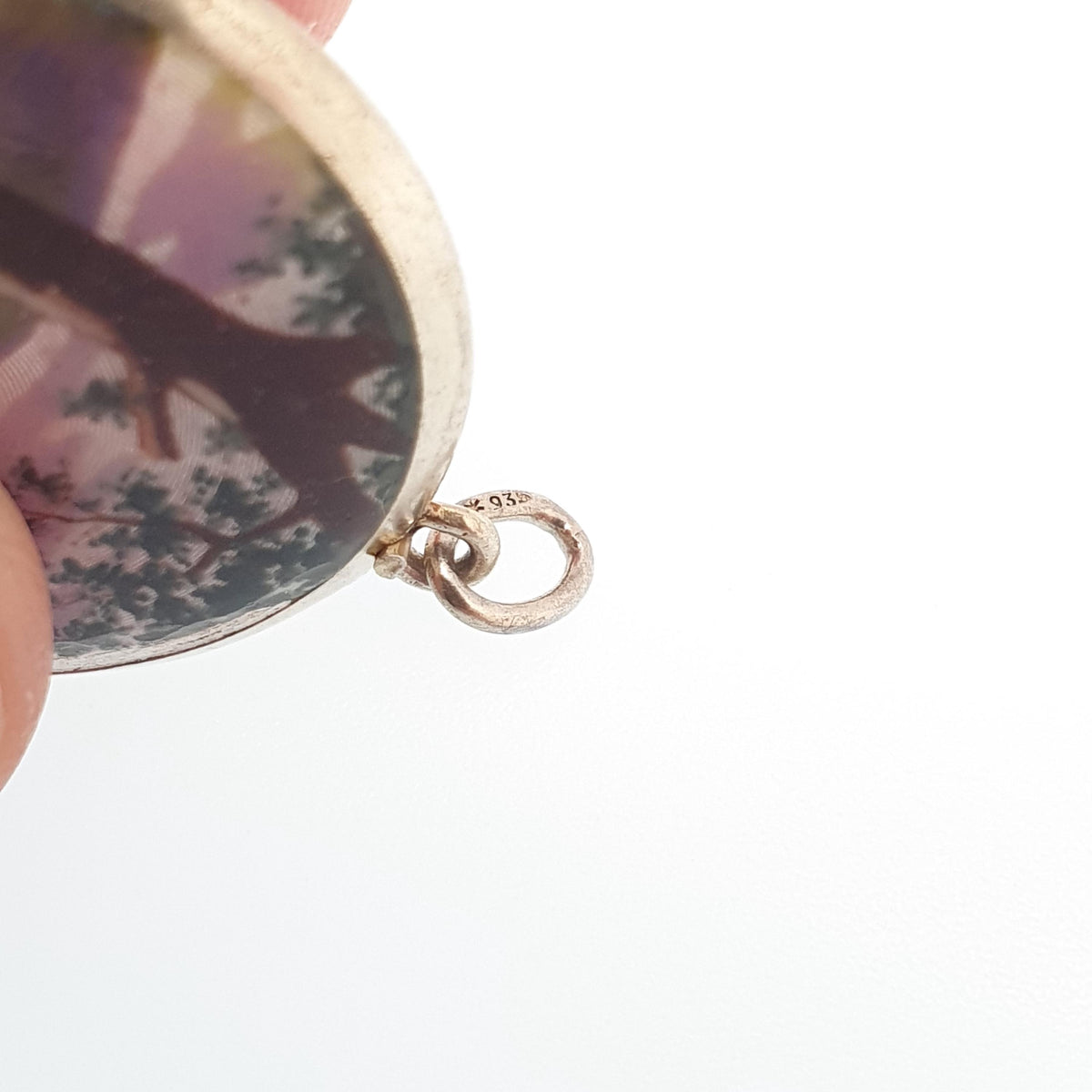 Antique Enamel Solid Silver Locket Hand Painted Lake Tree Scenic Guilloche Pendant Necklace Photo Picture Genuine Vintage Jewelry Jewelry