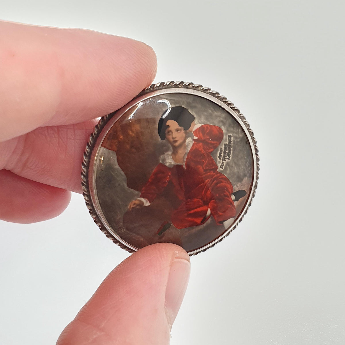 Antique Sterling Silver The Red Boy Brooch After Sir Thomas Lawrence Mott TLM Art Deco Painting Painted Vintage Womens Jewelry Jewellery