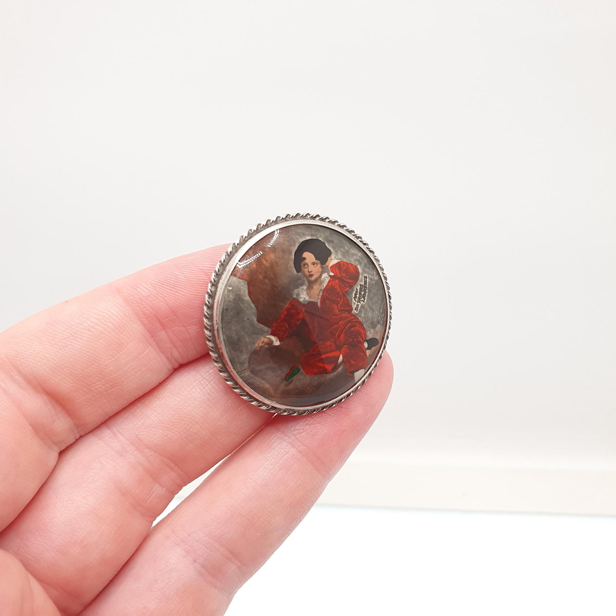 Antique Sterling Silver The Red Boy Brooch After Sir Thomas Lawrence Mott TLM Art Deco Painting Painted Vintage Womens Jewelry Jewellery