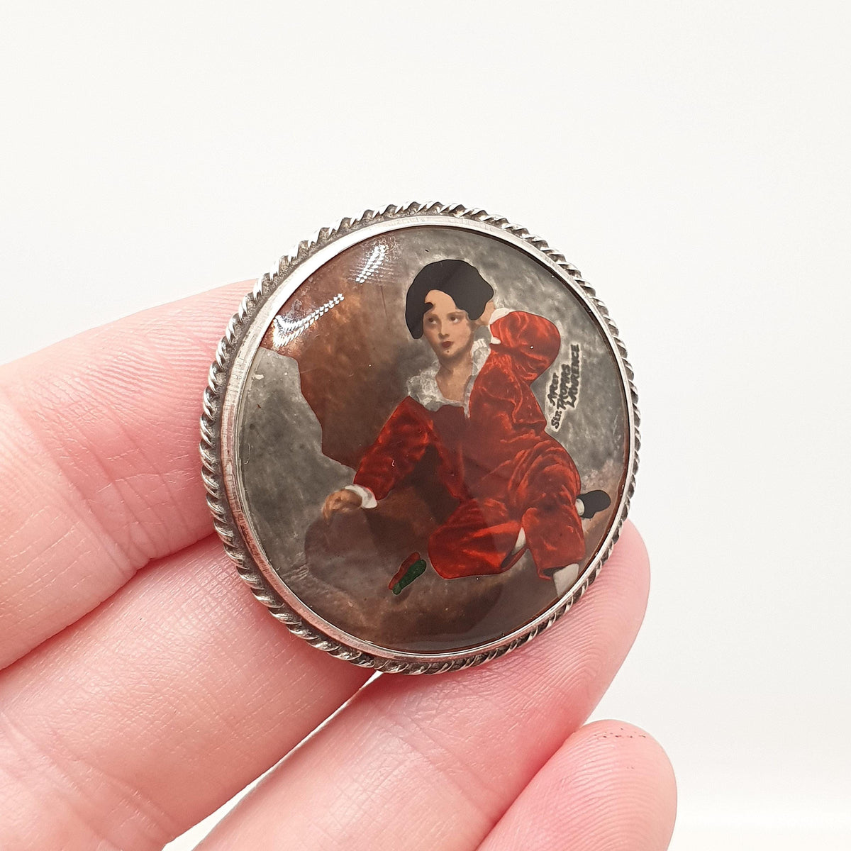 Antique Sterling Silver The Red Boy Brooch After Sir Thomas Lawrence Mott TLM Art Deco Painting Painted Vintage Womens Jewelry Jewellery