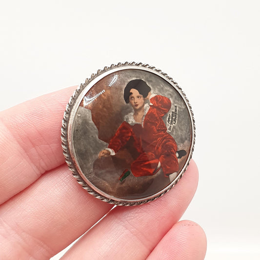 Antique Sterling Silver The Red Boy Brooch After Sir Thomas Lawrence Mott TLM Art Deco Painting Painted Vintage Womens Jewelry Jewellery