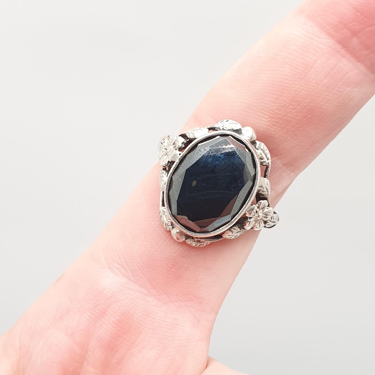 Antique Solid Silver Hematite Ring Oval Cut Solitaire Bernard Instone Style Thumb Ring Large Size Vintage Womens Mens UK V 1/2 US 10 3/4