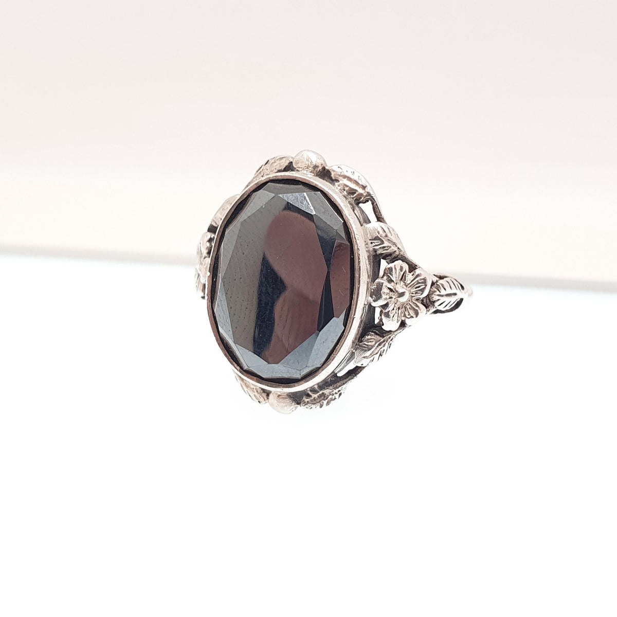 Antique Solid Silver Hematite Ring Oval Cut Solitaire Bernard Instone Style Thumb Ring Large Size Vintage Womens Mens UK V 1/2 US 10 3/4
