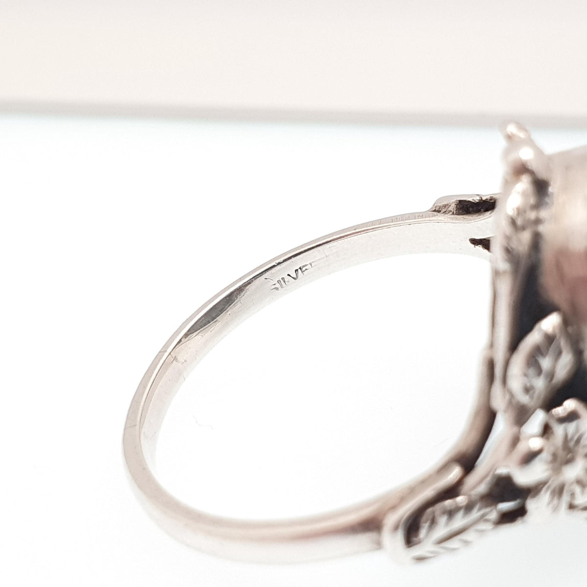 Antique Solid Silver Hematite Ring Oval Cut Solitaire Bernard Instone Style Thumb Ring Large Size Vintage Womens Mens UK V 1/2 US 10 3/4