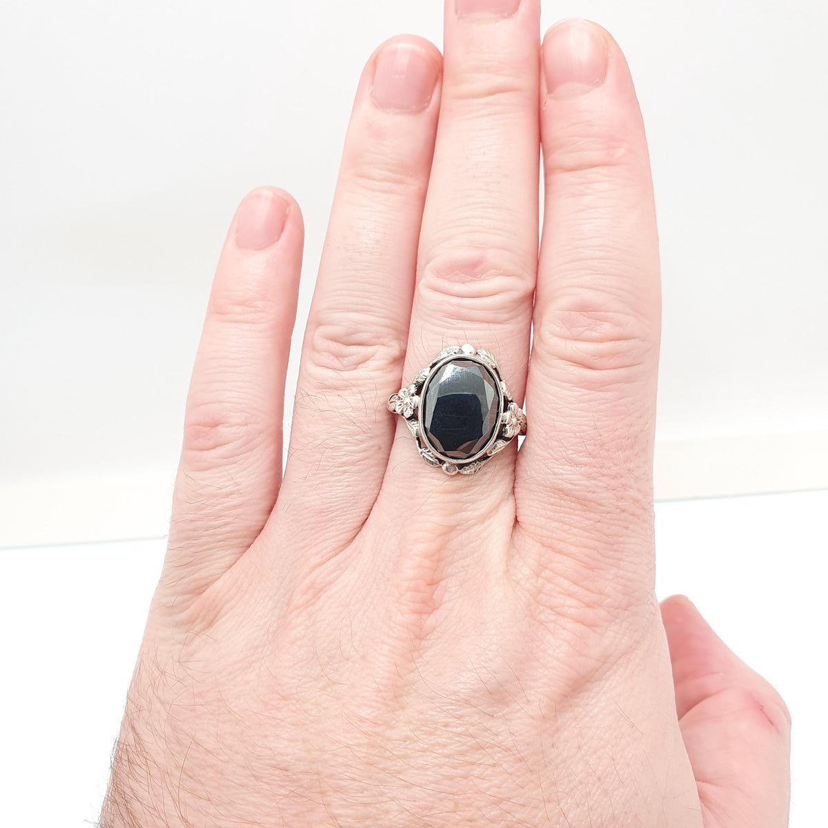 Antique Solid Silver Hematite Ring Oval Cut Solitaire Bernard Instone Style Thumb Ring Large Size Vintage Womens Mens UK V 1/2 US 10 3/4