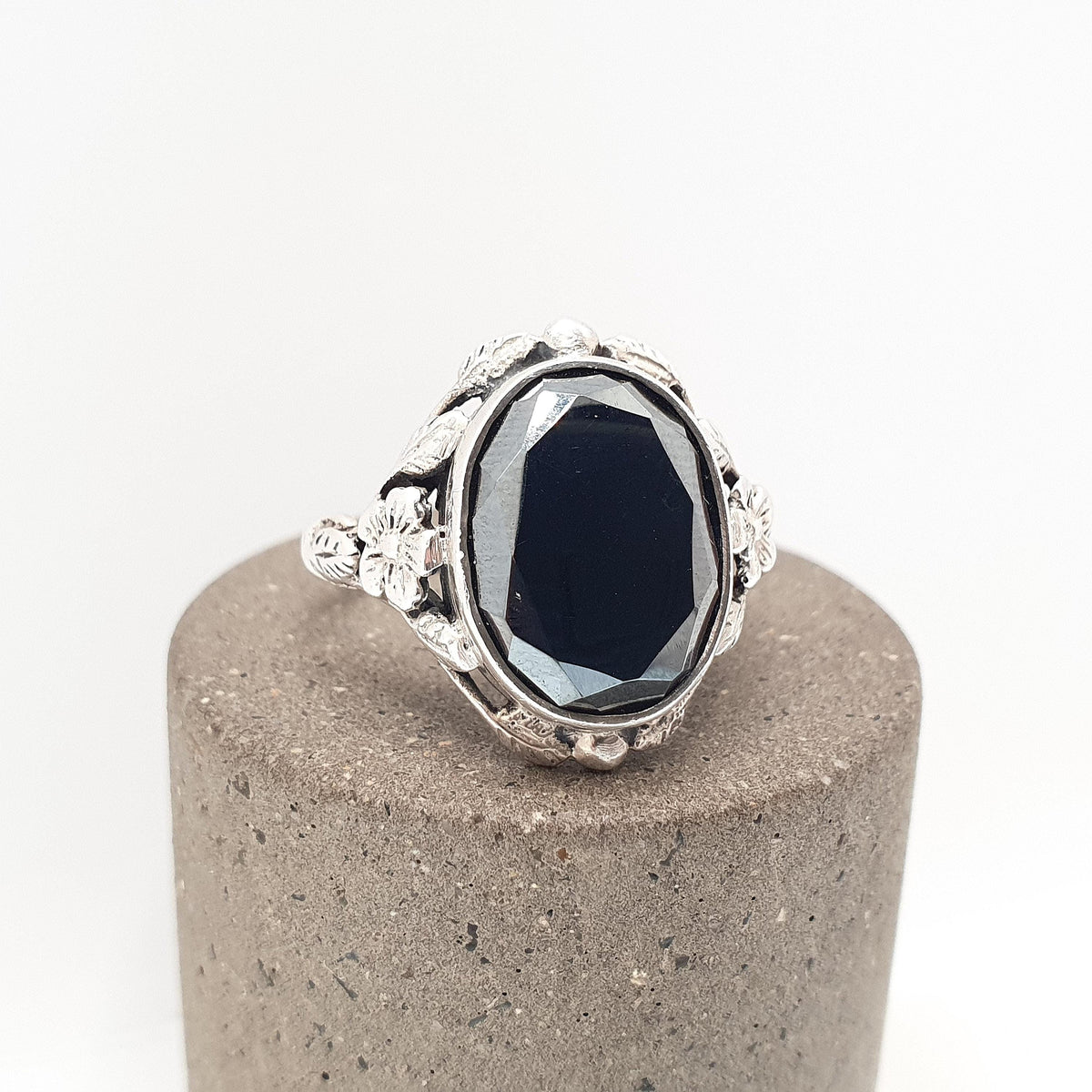 Antique Solid Silver Hematite Ring Oval Cut Solitaire Bernard Instone Style Thumb Ring Large Size Vintage Womens Mens UK V 1/2 US 10 3/4