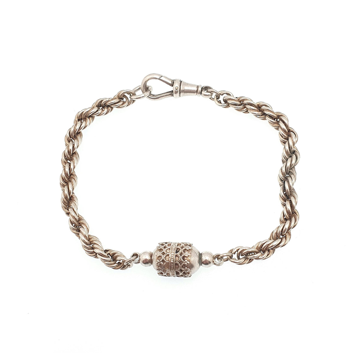 Antique Victorian Solid Silver Albertina Chain Bracelet Rope Link Dog Clip Filigree Bead Womens Vintage Jewellery Jewelry 21cm 9.15g