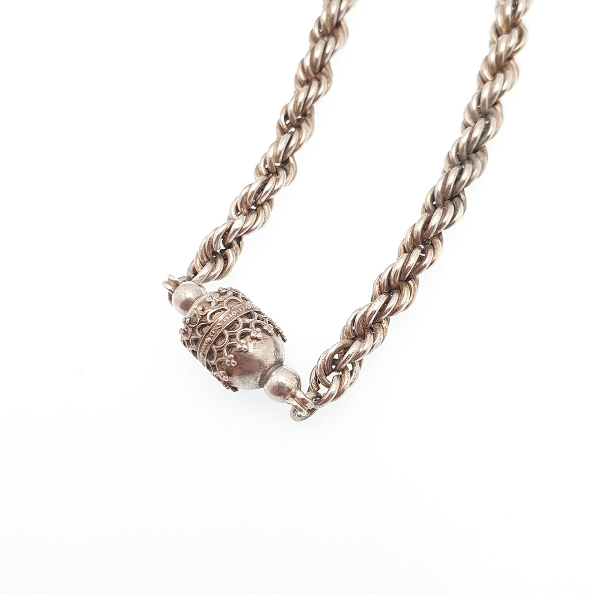Antique Victorian Solid Silver Albertina Chain Bracelet Rope Link Dog Clip Filigree Bead Womens Vintage Jewellery Jewelry 21cm 9.15g