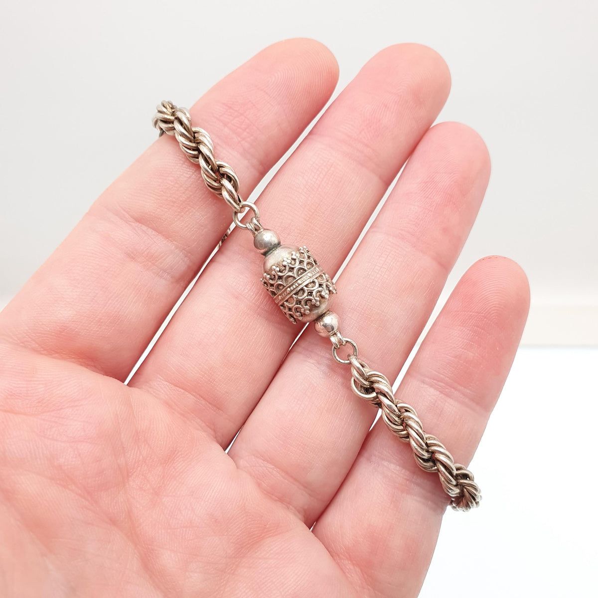 Antique Victorian Solid Silver Albertina Chain Bracelet Rope Link Dog Clip Filigree Bead Womens Vintage Jewellery Jewelry 21cm 9.15g