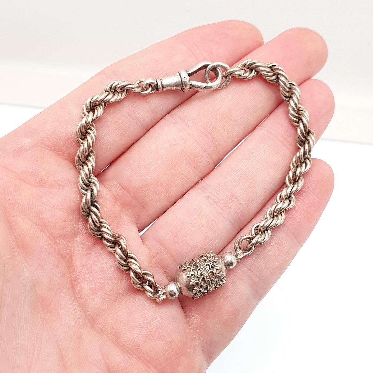 Antique Victorian Solid Silver Albertina Chain Bracelet Rope Link Dog Clip Filigree Bead Womens Vintage Jewellery Jewelry 21cm 9.15g