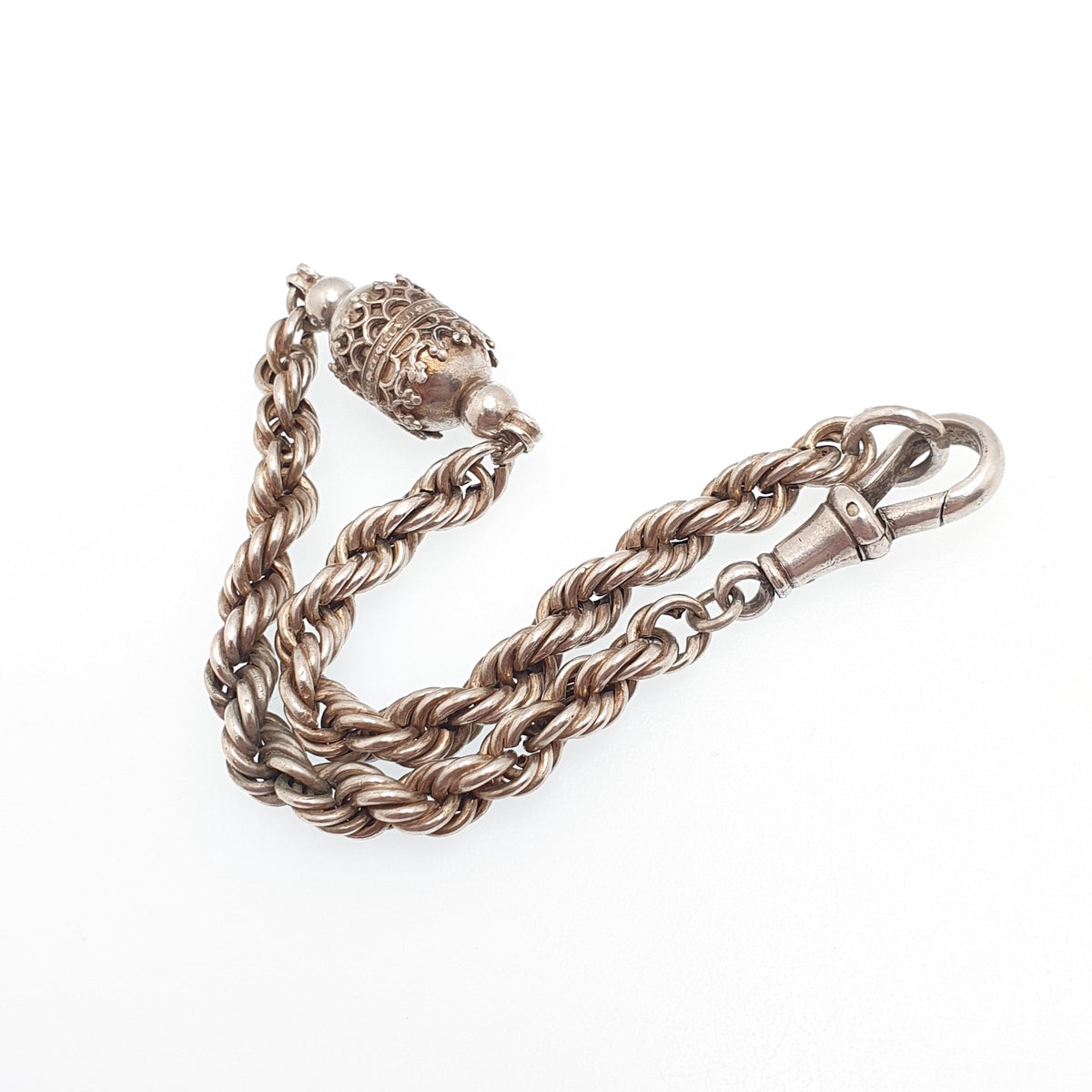 Antique Victorian Solid Silver Albertina Chain Bracelet Rope Link Dog Clip Filigree Bead Womens Vintage Jewellery Jewelry 21cm 9.15g