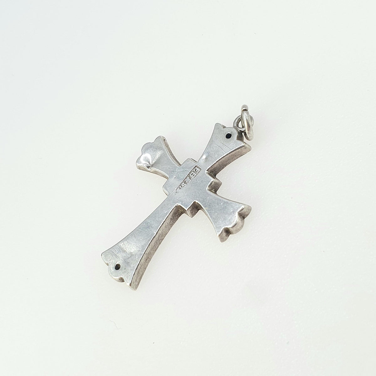 Antique Victorian Sterling Silver Crucifix Cross Pendant Necklace Flared Flower Leaf Engraved Hollow Jewellery Jewelry Vintage Womens