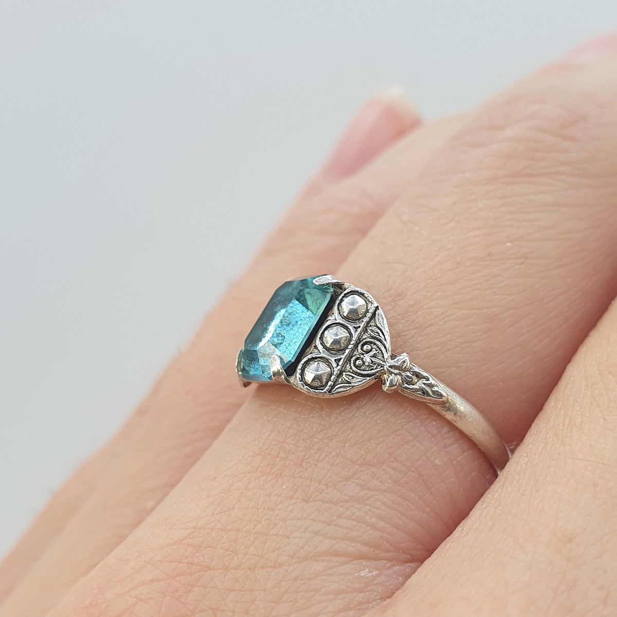 Antique Solid Silver Aquamarine Paste Ring Art Deco Rectangular Cut Sky Blue Womens Mens Vintage Jewelry Jewellery UK O US 7.25