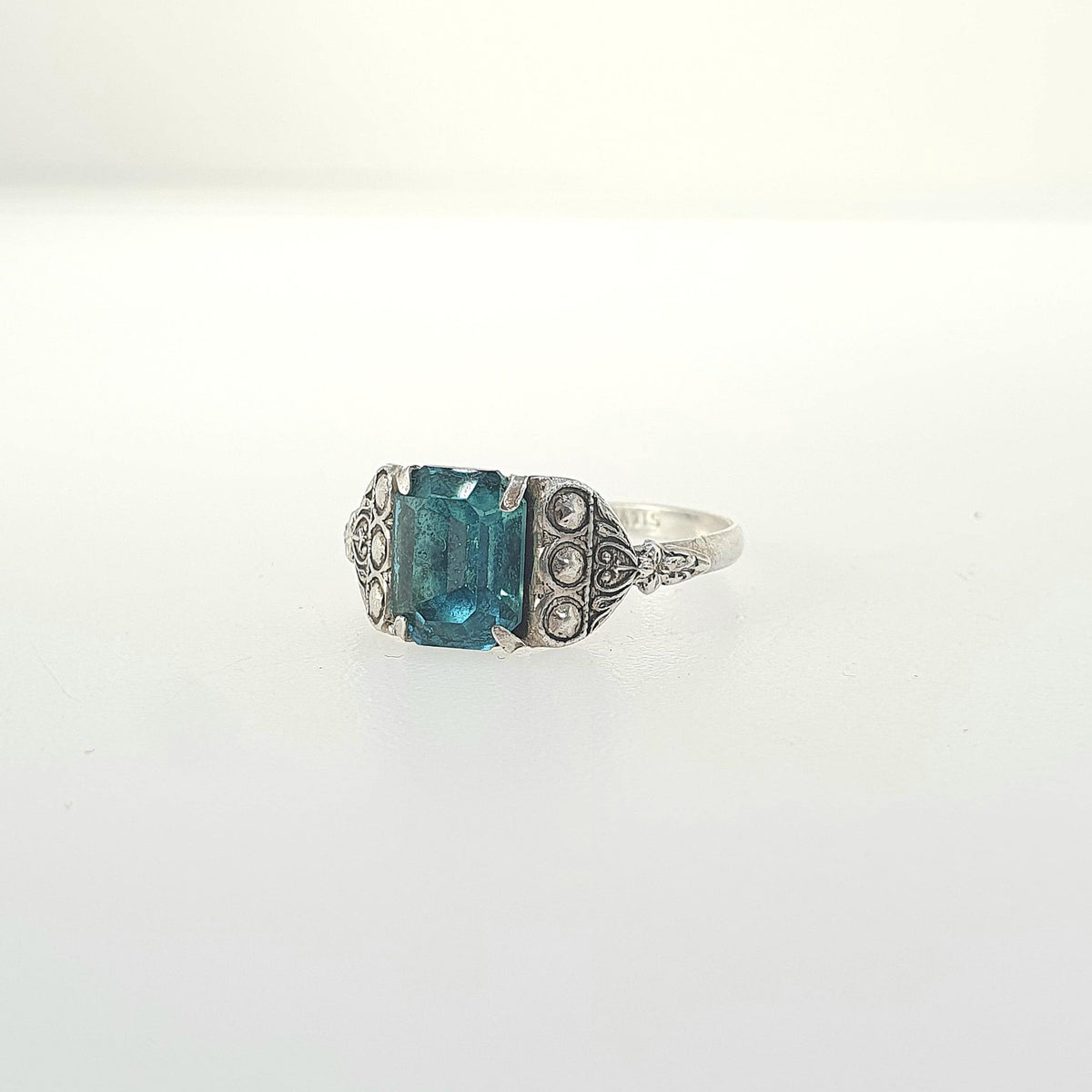 Antique Solid Silver Aquamarine Paste Ring Art Deco Rectangular Cut Sky Blue Womens Mens Vintage Jewelry Jewellery UK O US 7.25