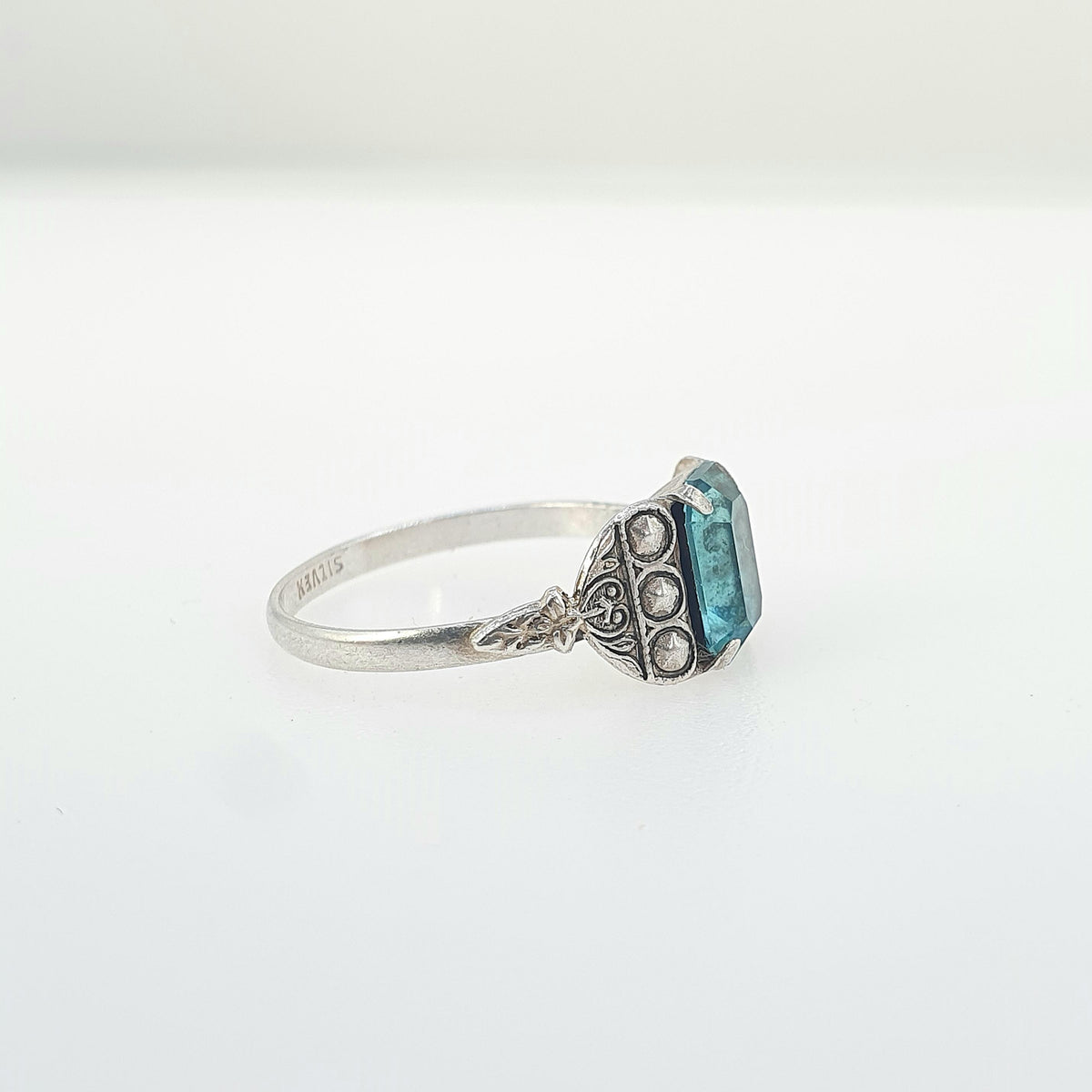 Antique Solid Silver Aquamarine Paste Ring Art Deco Rectangular Cut Sky Blue Womens Mens Vintage Jewelry Jewellery UK O US 7.25