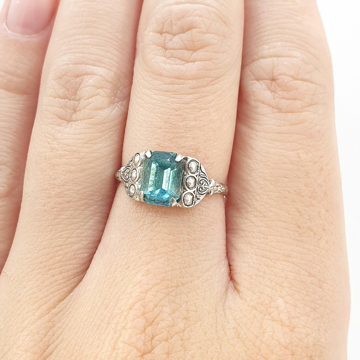 Antique Solid Silver Aquamarine Paste Ring Art Deco Rectangular Cut Sky Blue Womens Mens Vintage Jewelry Jewellery UK O US 7.25