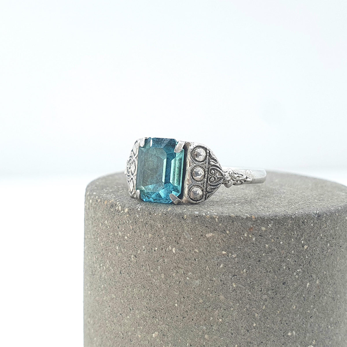 Antique Solid Silver Aquamarine Paste Ring Art Deco Rectangular Cut Sky Blue Womens Mens Vintage Jewelry Jewellery UK O US 7.25