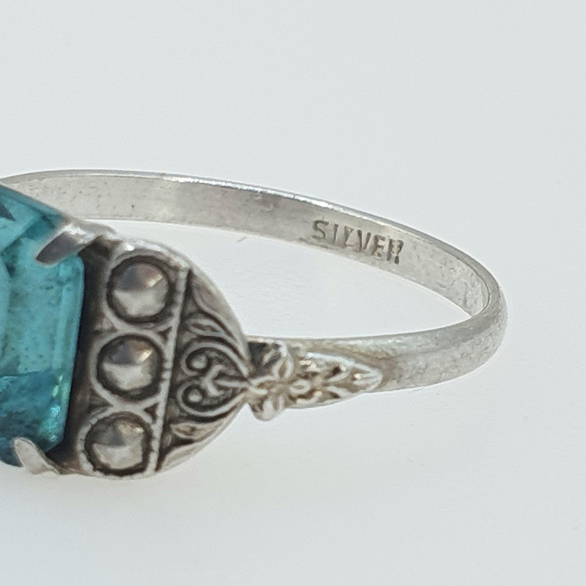 Antique Solid Silver Aquamarine Paste Ring Art Deco Rectangular Cut Sky Blue Womens Mens Vintage Jewelry Jewellery UK O US 7.25
