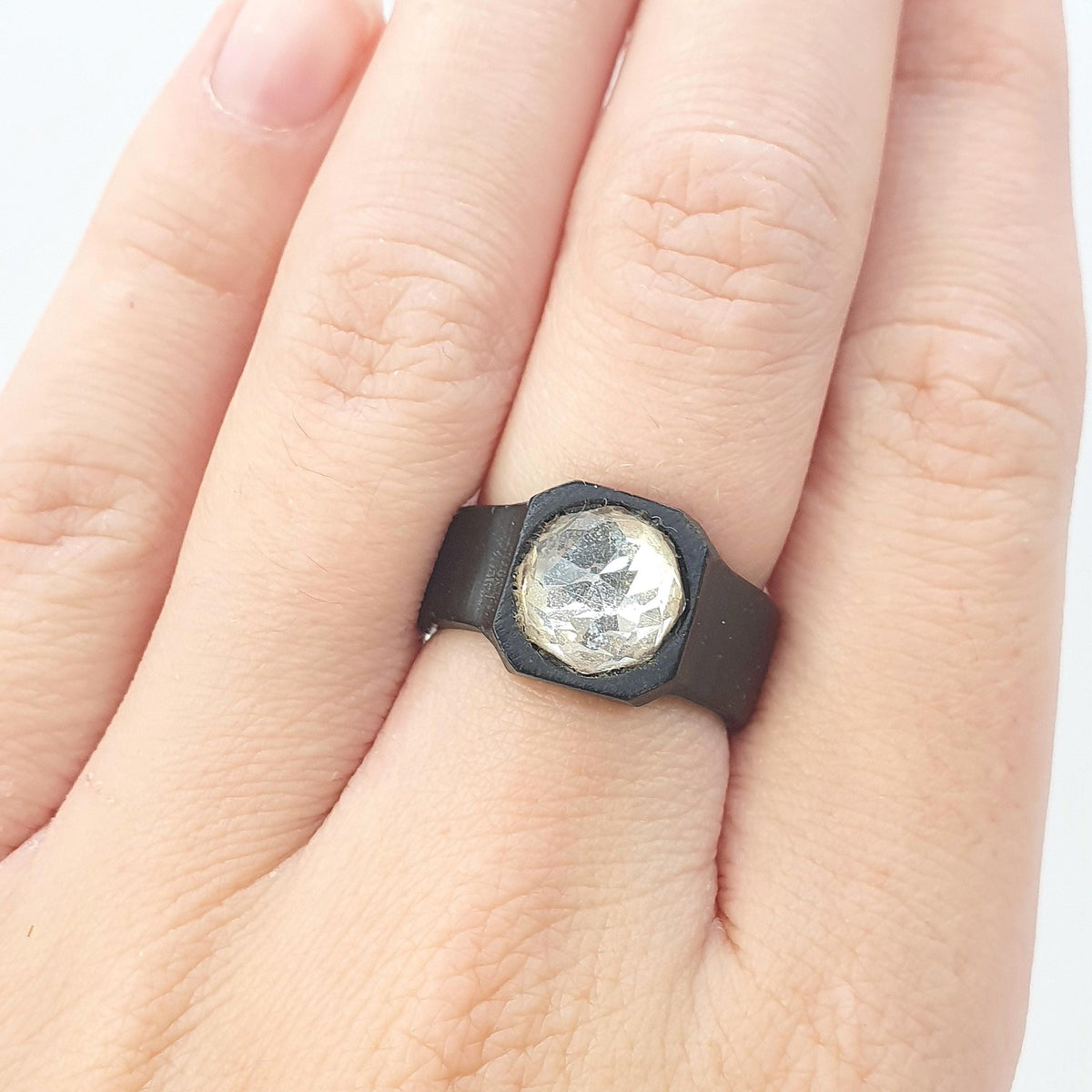 Antique Victorian Vulcanite Diamond Paste Ring Faceted Dome Glass Whitby Jet Imitation UK O US 7.25 Mens Jewellery Unisex Womens