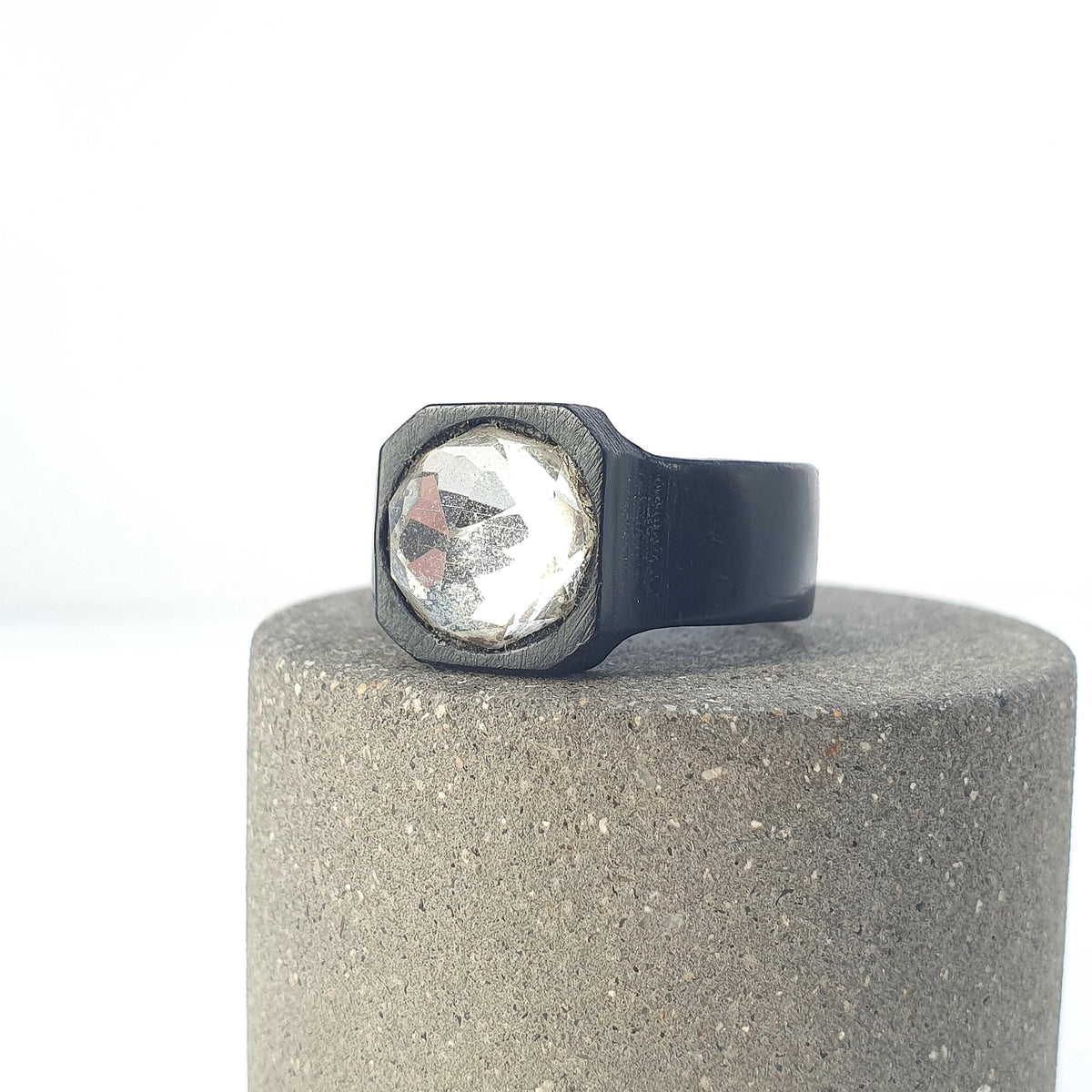 Antique Victorian Vulcanite Diamond Paste Ring Faceted Dome Glass Whitby Jet Imitation UK O US 7.25 Mens Jewellery Unisex Womens