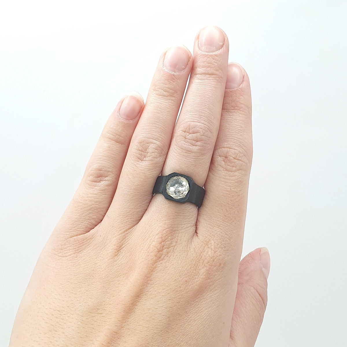 Antique Victorian Vulcanite Diamond Paste Ring Faceted Dome Glass Whitby Jet Imitation UK O US 7.25 Mens Jewellery Unisex Womens