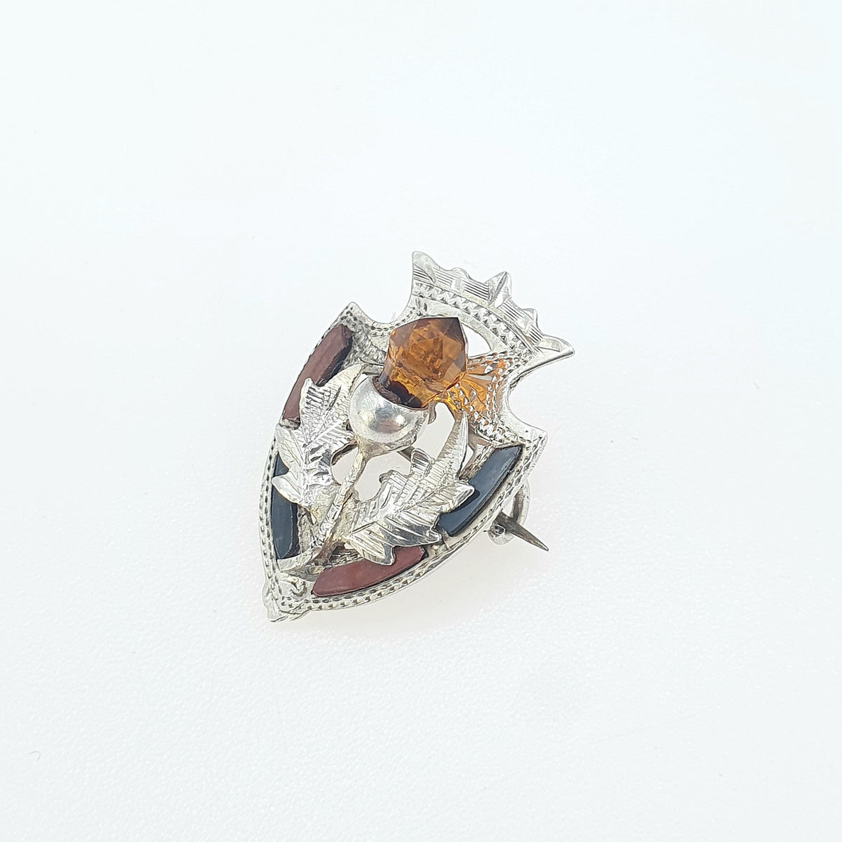 Antique Sterling Silver Scottish Thistle Shield Brooch Bloodstone & Red Jasper 1907 Hallmark Citrine Paste Vintage Womens Jewelry Jewellery