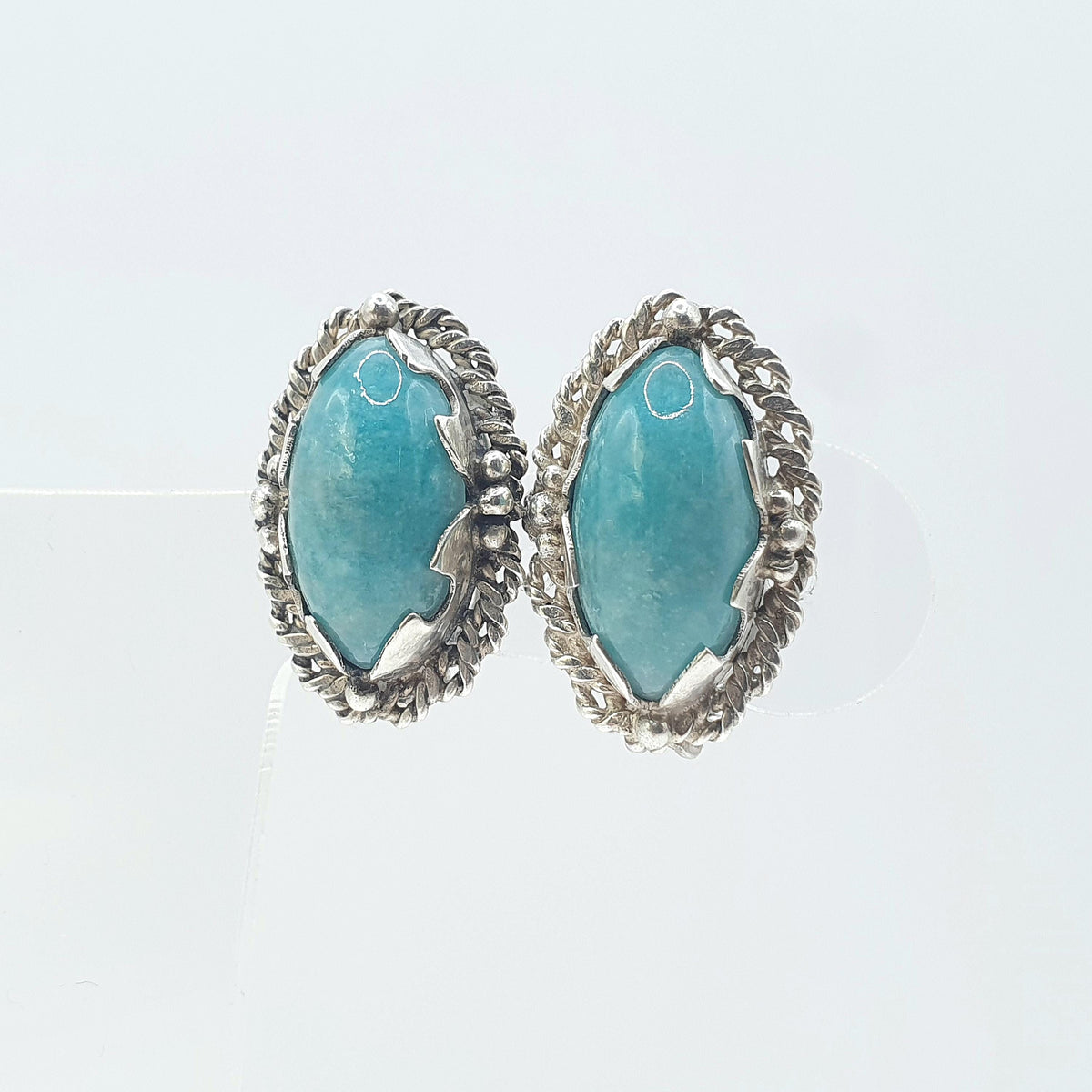 Vintage Solid Silver Amazonite Earrings Rope Border Navette Boast Shape Clip On Teal Gemstone Jewelry Retro Jewellery Womens
