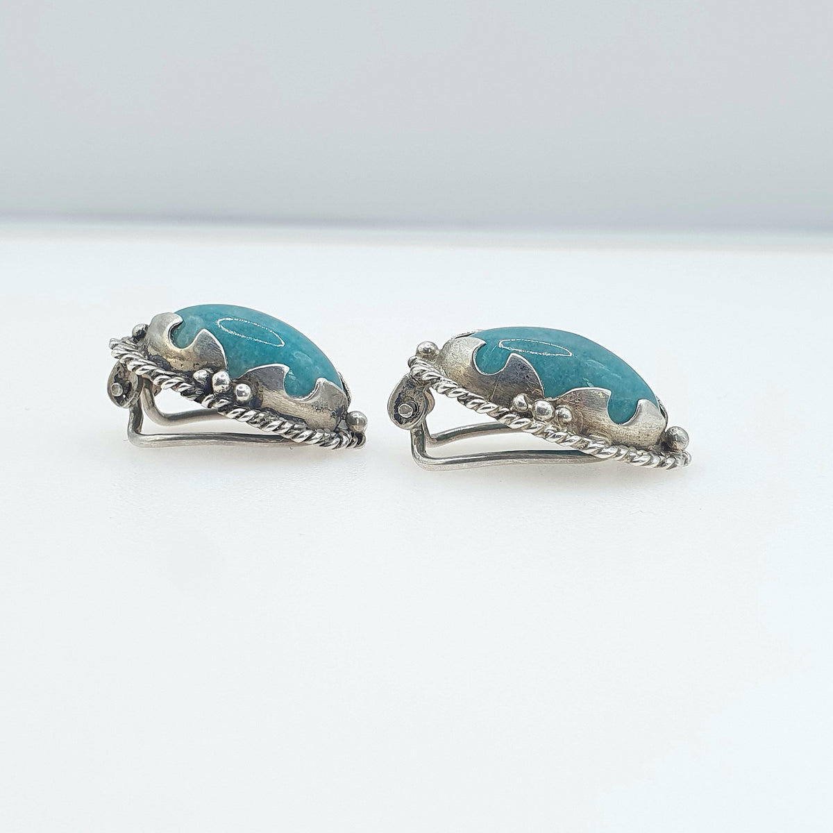 Vintage Solid Silver Amazonite Earrings Rope Border Navette Boast Shape Clip On Teal Gemstone Jewelry Retro Jewellery Womens