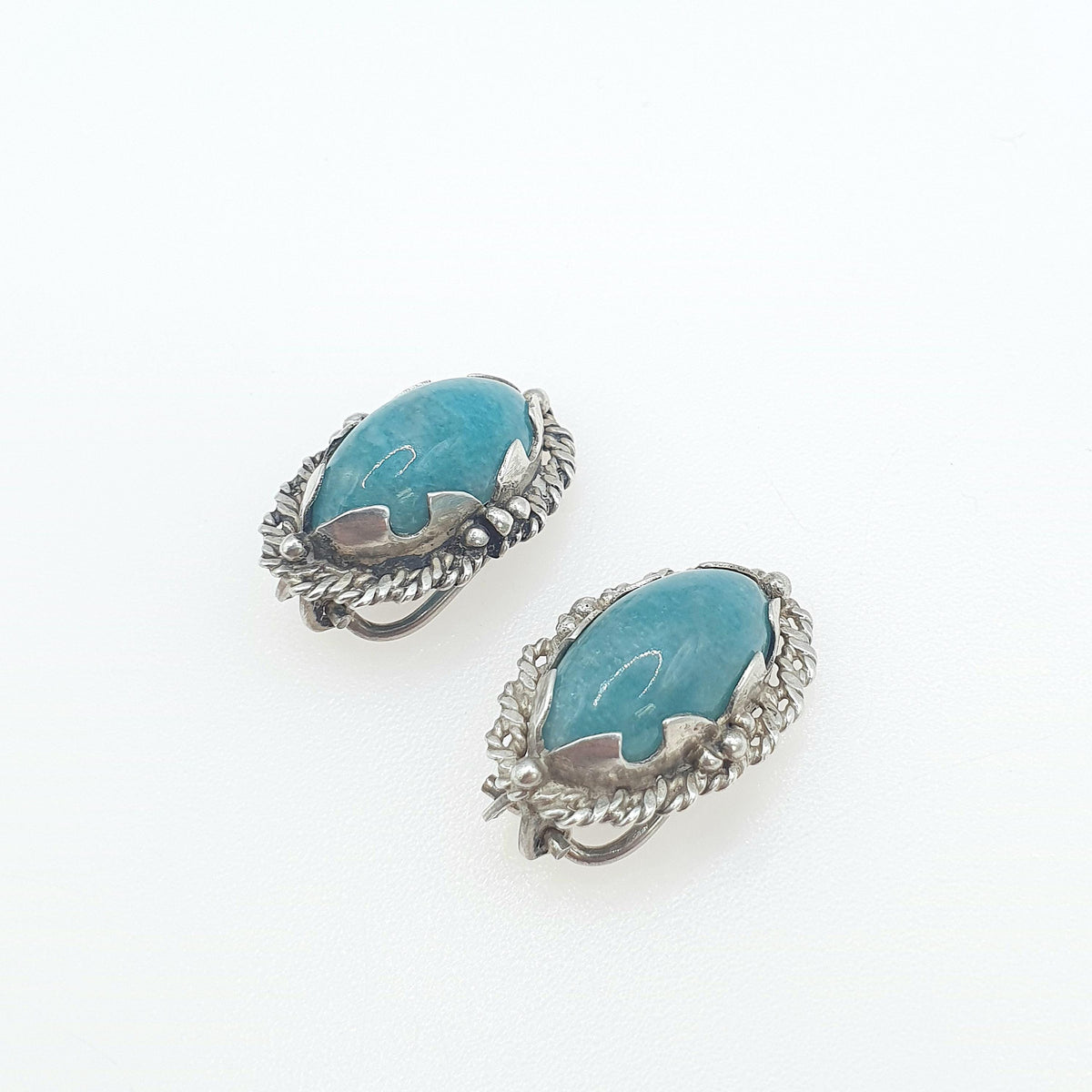 Vintage Solid Silver Amazonite Earrings Rope Border Navette Boast Shape Clip On Teal Gemstone Jewelry Retro Jewellery Womens