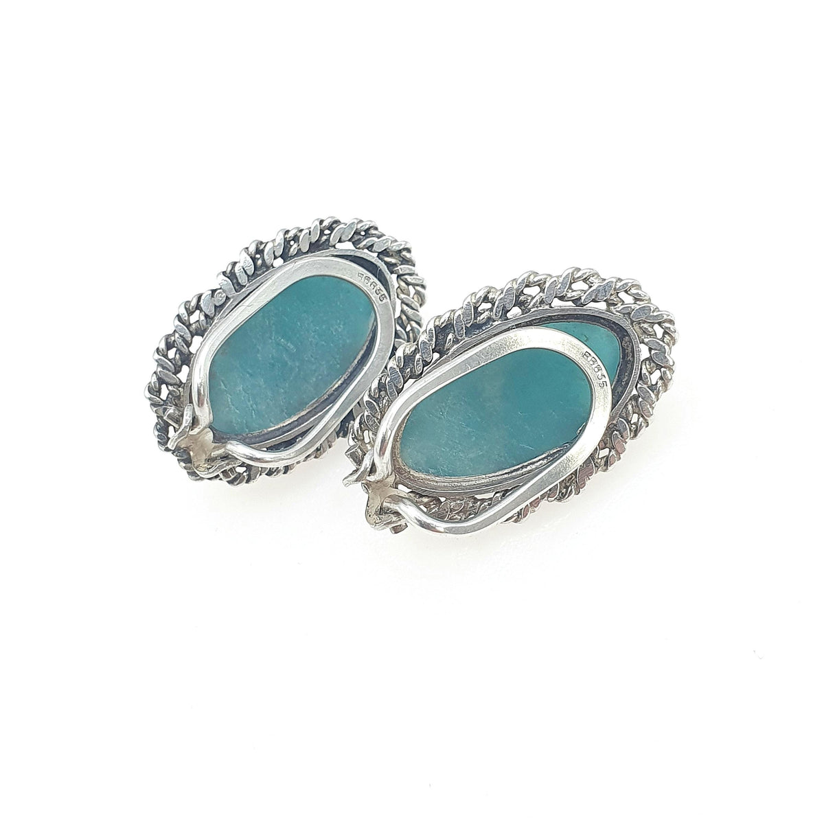 Vintage Solid Silver Amazonite Earrings Rope Border Navette Boast Shape Clip On Teal Gemstone Jewelry Retro Jewellery Womens