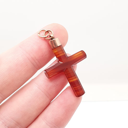 Antique Victorian 9ct Gold Agate Crucifix Necklace Pendant Banded Striped Solid 9k 9kt Tip Cross Red Orange Jewelry Vintage Jewellery