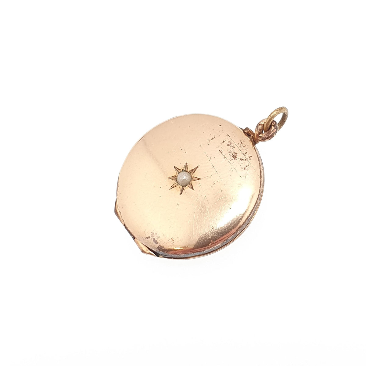 Antique Rolled Gold Locket Seed Pearl Star Set Necklace Pendant Star Rose Gold Filled Round Circle Vintage Jewellery Jewelry