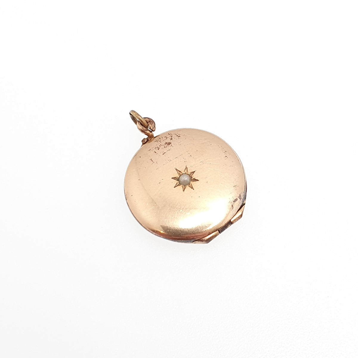 Antique Rolled Gold Locket Seed Pearl Star Set Necklace Pendant Star Rose Gold Filled Round Circle Vintage Jewellery Jewelry