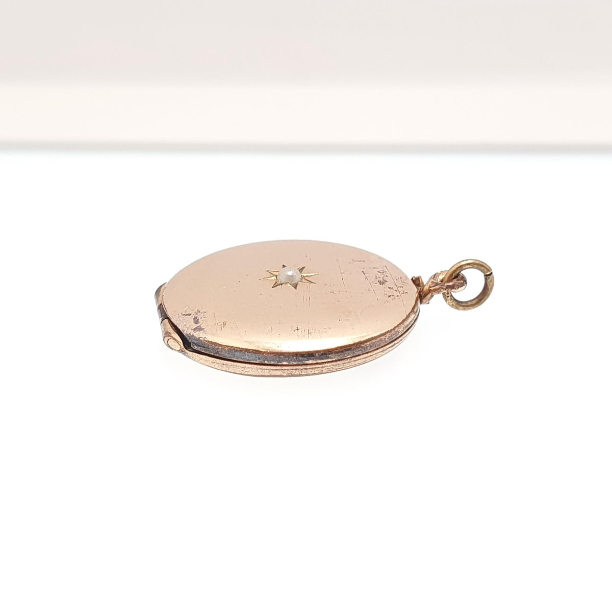 Antique Rolled Gold Locket Seed Pearl Star Set Necklace Pendant Star Rose Gold Filled Round Circle Vintage Jewellery Jewelry