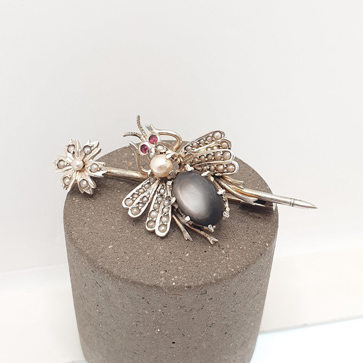 Antique Solid Silver Victorian Fly Brooch Seed Pearl Abalone Shell Paste Eyes Bug Insect Vintage Rare Unique Womens Jewelry Jewellery