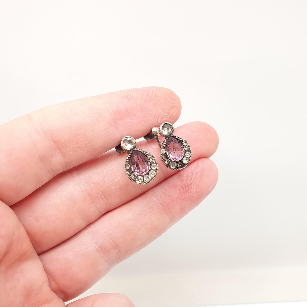 Antique Solid Silver Amethyst & Diamond Paste Earrings Victorian Pear Cut 1800s Vintage Jewelry Jewellery